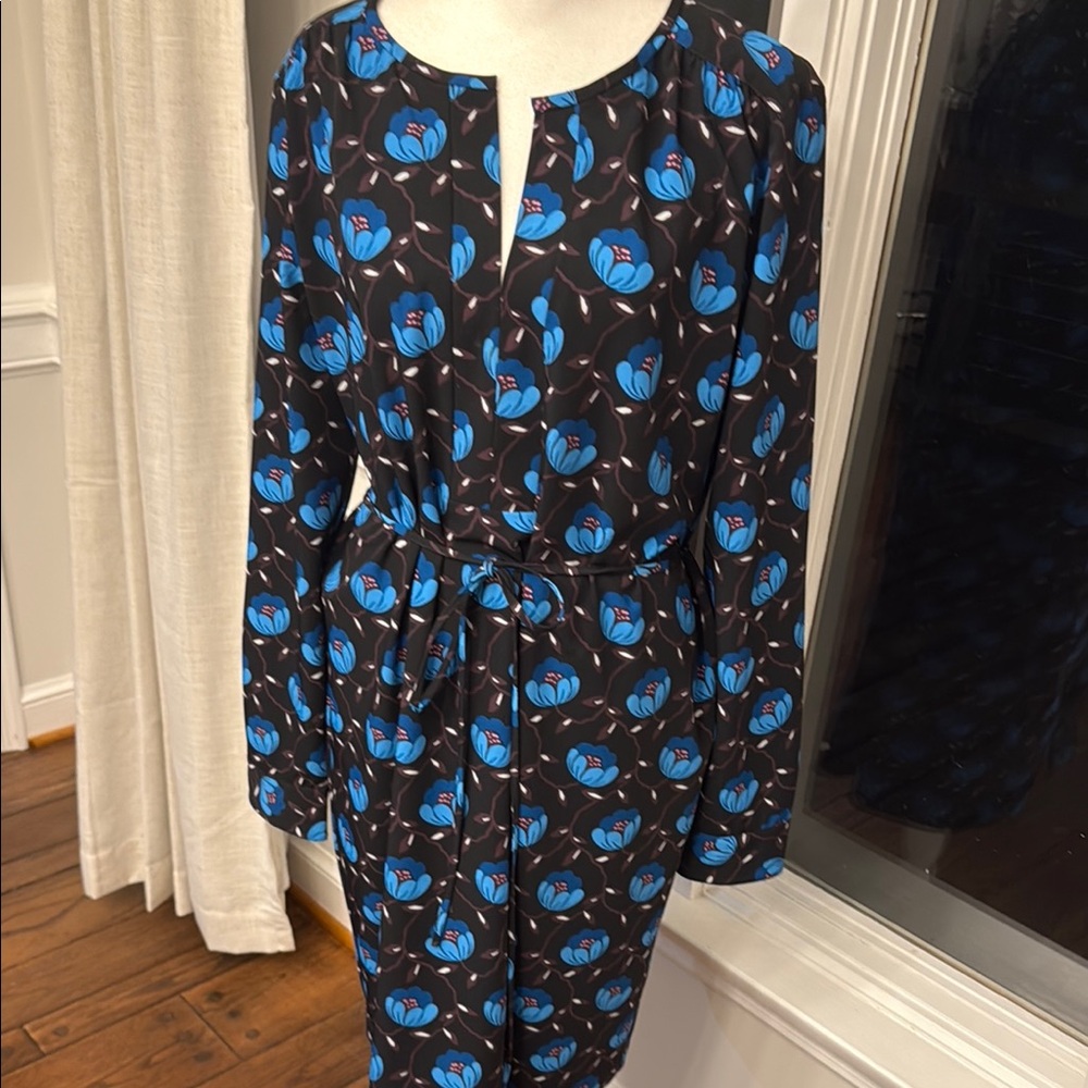 LOFT Black Dress with Blue Floral Print Long Sleeve